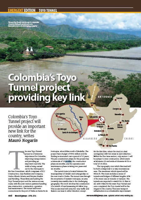 La revista digital “World Highways” subraya el carácter estratégico del túnel del Toyo, construido por FCC en Colombia